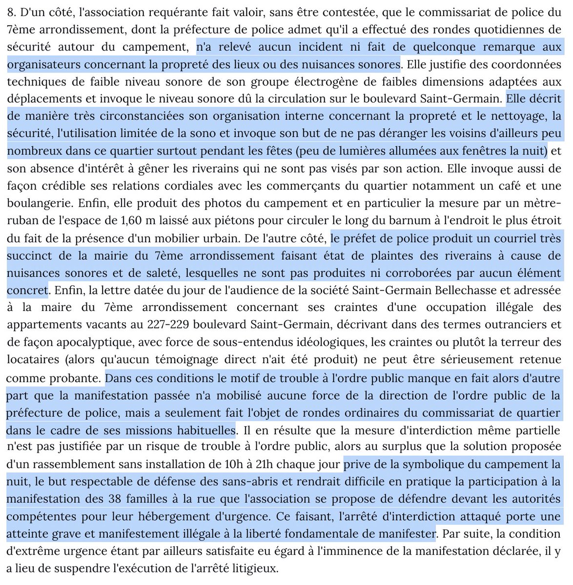 Liberté de manifestation : En référé, l'interdiction par le @prefpolice d'un campement du @DroitAuLogement (au coeur du VIIe arr.) est suspendue. Faute de risques pour l'ordre public. Et en considération du 'but respectable de défense des sans-abris'. =>bit.ly/48DFL1V