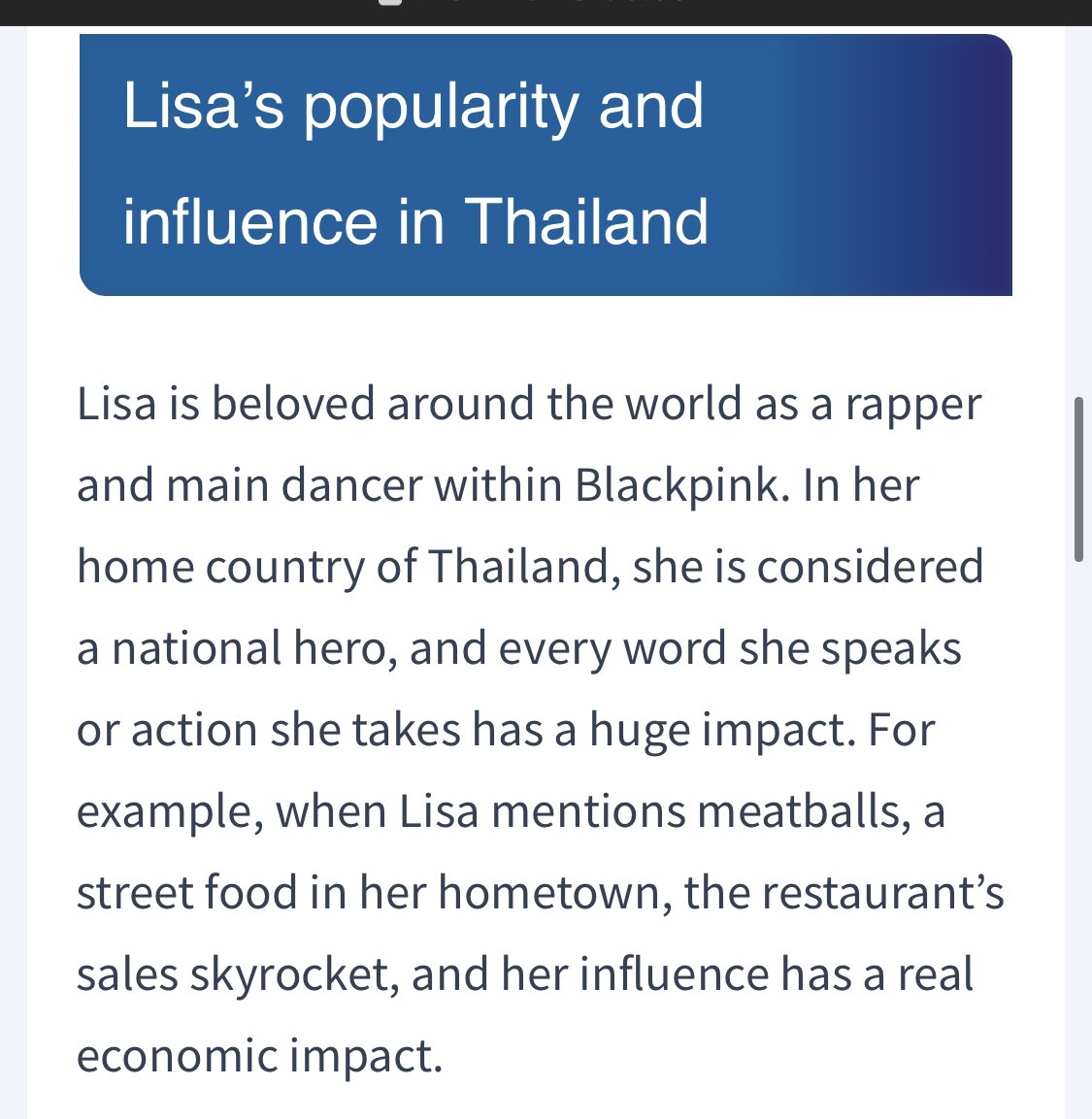 LaliceUpdates's tweet photo. [NAVER] - BlackPink’s #LISA Named Thailand’s Most Influential Person: 

“Recently, it was reported that LISA, a member of the K-pop girl group Blackpink, is making a huge impact in Thailand. She was voted the most influential person in a survey in Thailand with 28.1% of the vote. These results underscore the global impact of K-pop and the popularity of Lisa herself.

Lisa is beloved around the world as a rapper and main dancer within Blackpink. In her home country of Thailand, she is considered a national hero, and every word she speaks or action she takes has a huge impact. For example, when Lisa mentions meatballs, a street food in her hometown, the restaurant’s sales skyrocket, and her influence has a real economic impact…”

🔗 https://t.co/mLEaQerX0c

#블랙핑크리사 블랙핑크 리사
#리사 #LALISA #MONEY