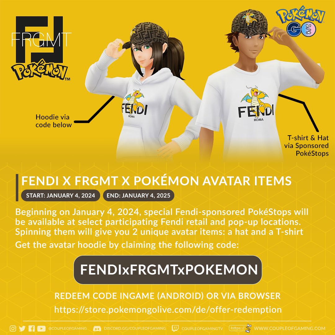 coupleofgaming's tweet image. A new collaboration between #Pokemon x #Fendi x #FRGMT is happening! 👜
You can get a free hoodie in #PokemonGO by using the code below

FENDIxFRGMTxPOKEMON

Redeem it ingame (Android) or via browser: store.pokemongolive.com/offer-redempti…