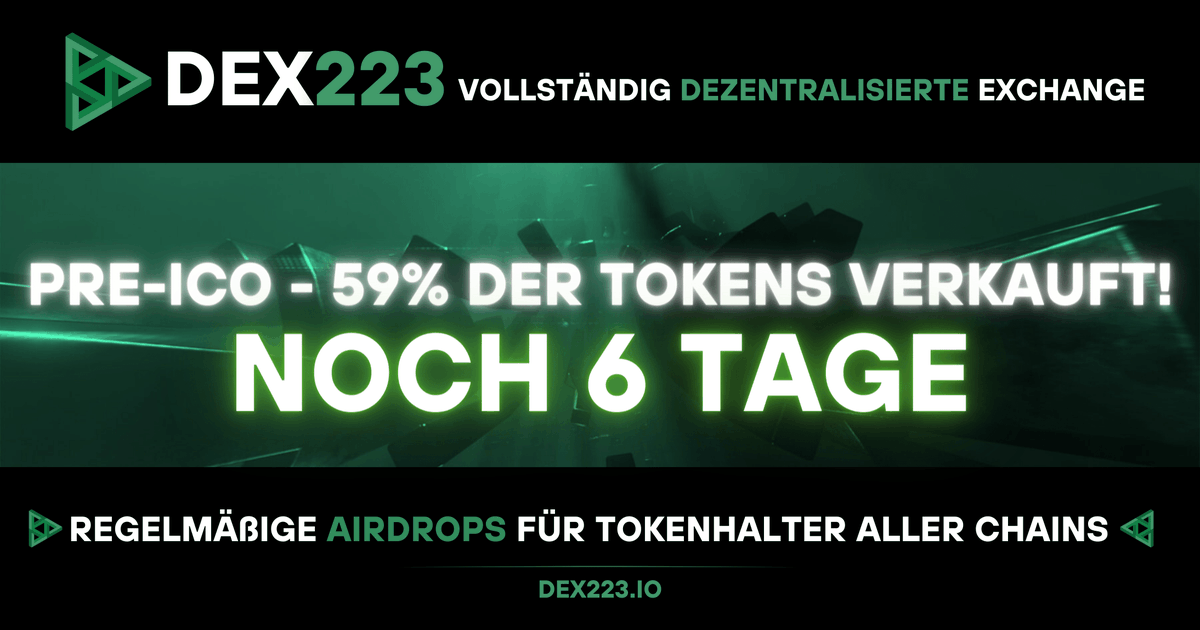 blockzhub_de's tweet image. Dex223.io verspricht Zugang zu #exklusiven #Assets. Unsere Plattform zielt darauf ab, die Kluft zu überbrücken und bisher unhandelbare Assets verfügbar zu machen.&quot; @dexaran #TheManBehindTheCode

Mehr als 59% der #D223 Tokens verkauft - noch 6 Tage!

#DEX