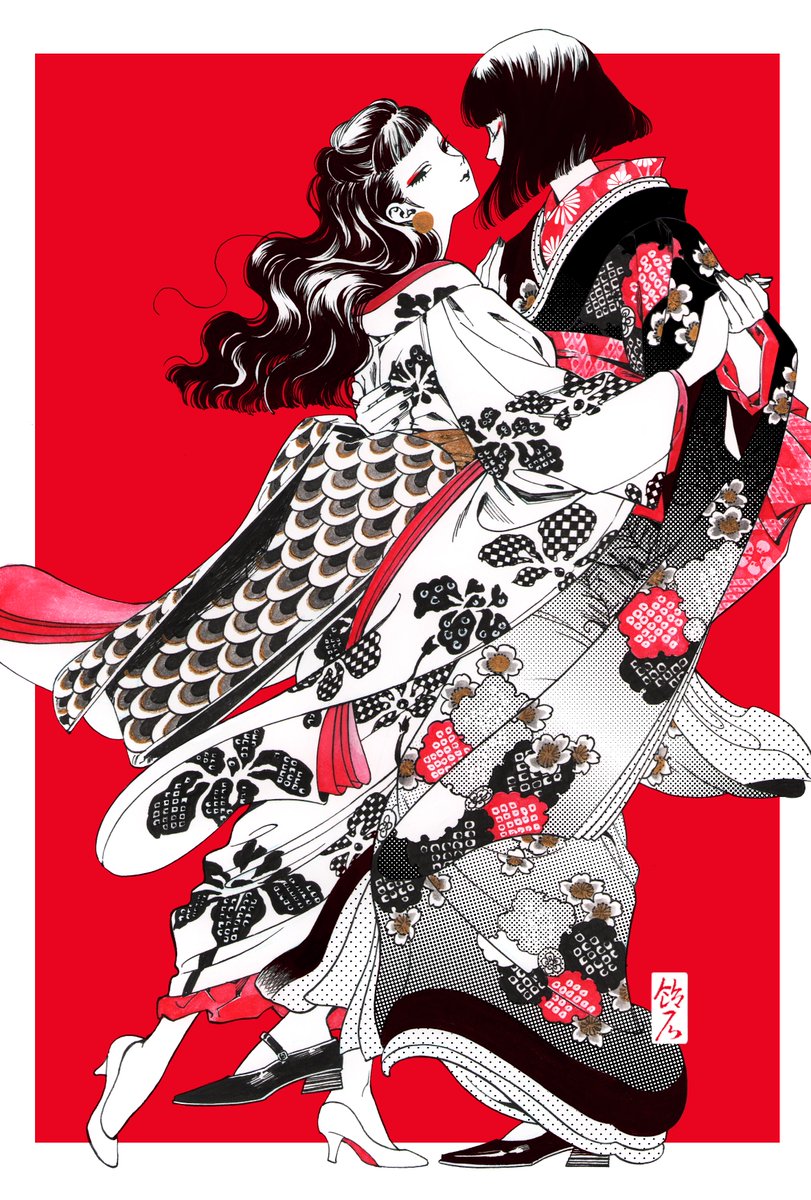 multiple girls 2girls kimono japanese clothes long hair dancing high heels  illustration images