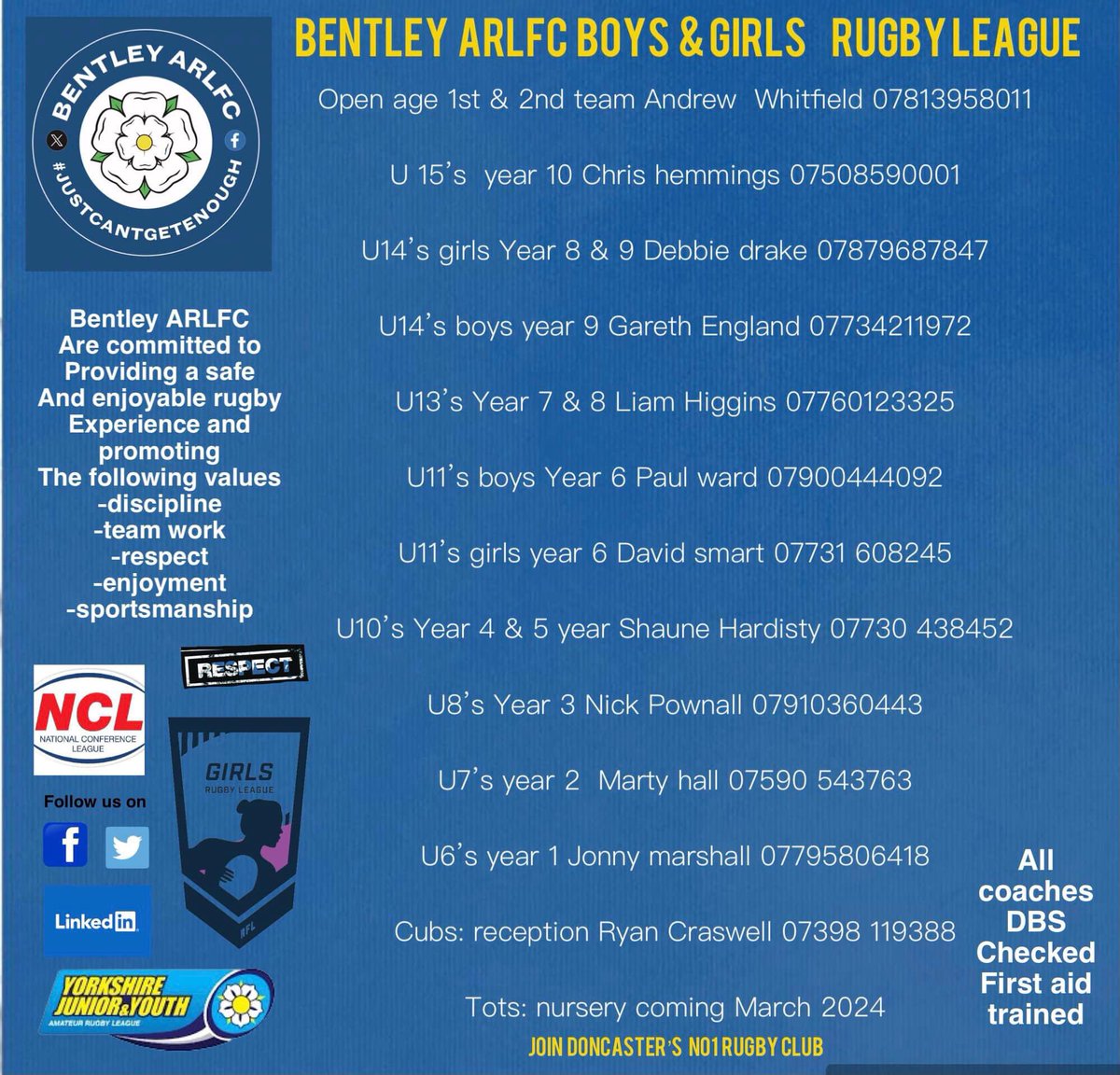 BentleyARLFC's tweet photo. All our teams will be looking to strengthen there squads, please share and tag away.

If anyone’s looking to test themselves and play at the best amateur club in South Yorkshire, our 1st team are back in training and looking forward to our 3rd season in the @OfficialNCL https://t.co/w2Rd4PyEhd