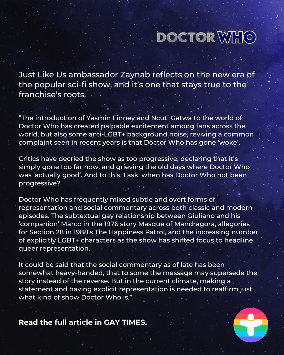 JustLikeUsUK's tweet photo. “In the face of rampant transphobia, having Finney’s trans character Rose be loved and respected by her family and help save the world to boot is a powerful thing.”🏳️‍⚧️🪐

Our ambassador Zaynab reflects on the new era of #DoctorWho: https://t.co/eOq43ibgn2✨ https://t.co/4MTNVj7JuY