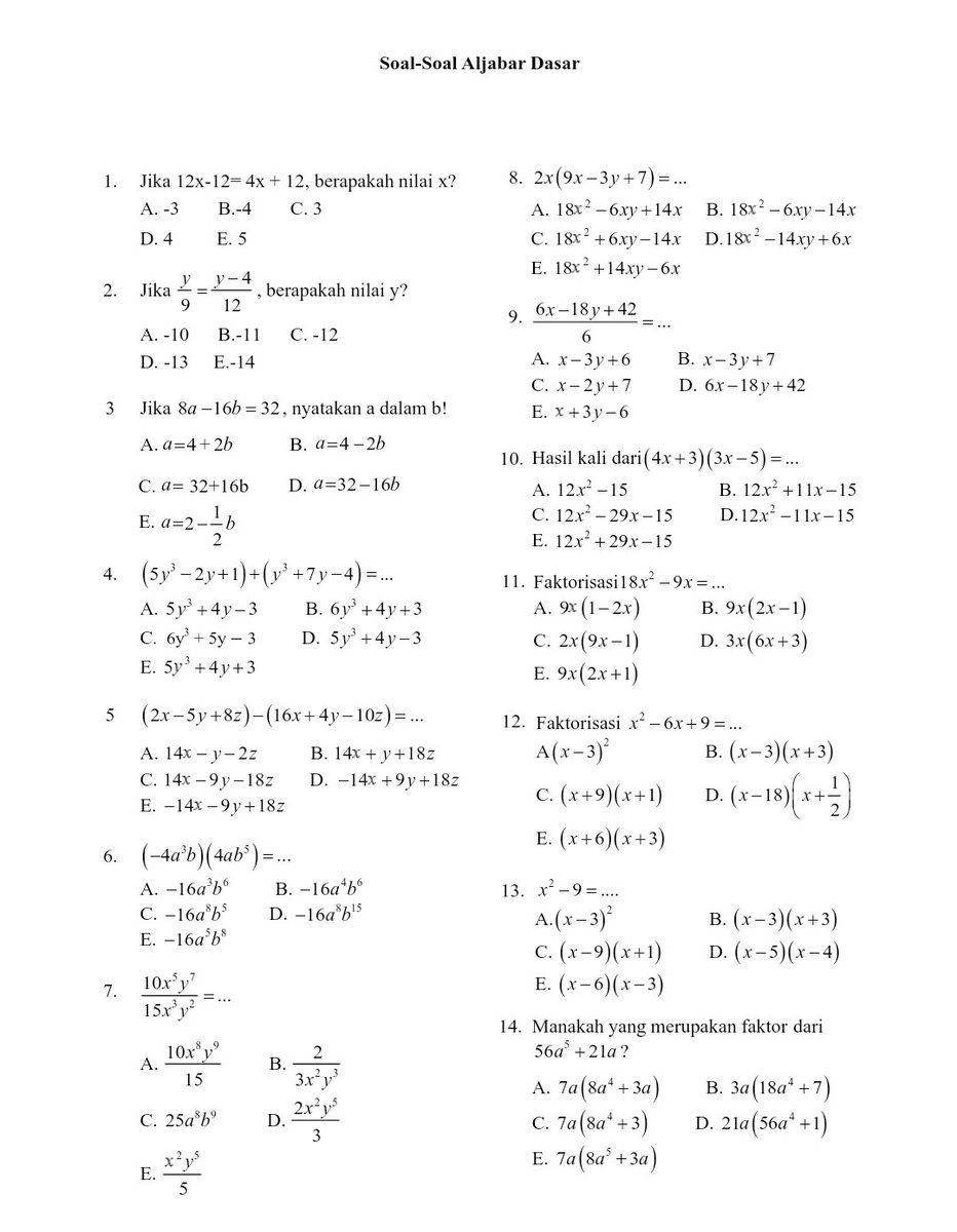 rasya_belajar's tweet image. [H - 117 SNBT 2024]

Subtes : PK/PM
Materi : Aljabar Dasar

Hari ini ada 100 soal aljabar dasar (sesuai request salah satu mootskuu). Soal-soalnya aku kumpulkan dari beberapa sumber. Seperti biasa kunci jawaban ada di reply yaa. Feel free to ask me!

Sumber 1 :