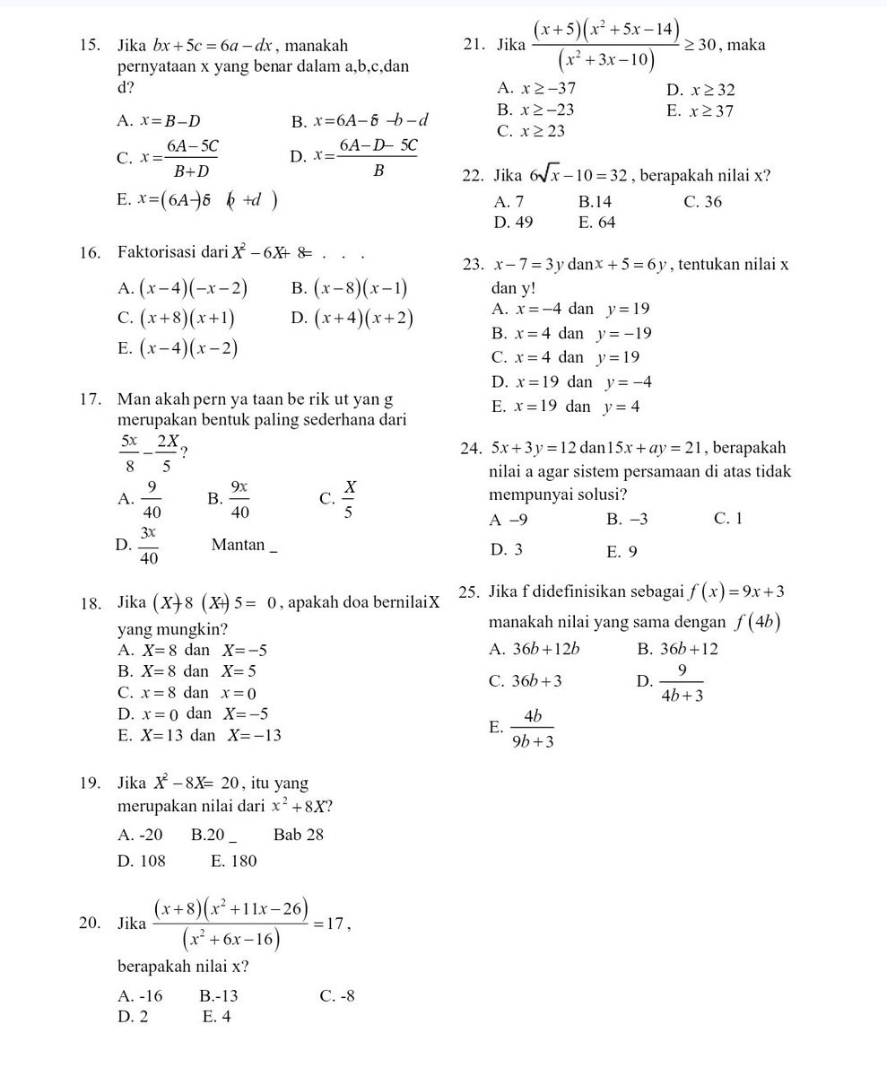 rasya_belajar's tweet image. [H - 117 SNBT 2024]

Subtes : PK/PM
Materi : Aljabar Dasar

Hari ini ada 100 soal aljabar dasar (sesuai request salah satu mootskuu). Soal-soalnya aku kumpulkan dari beberapa sumber. Seperti biasa kunci jawaban ada di reply yaa. Feel free to ask me!

Sumber 1 :
