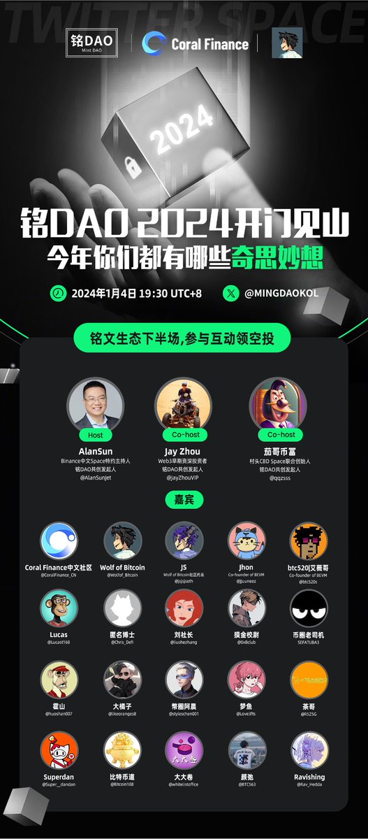 【铭文之夜第1期】铭DAO 2024 开门见山，今年你们都有哪些奇思妙想?
🗓1月4日 19:30 UTC+8
▶x.com/i/spaces/1YpKk…
铭文下半场生态启动，Space期间进活动群互动，抢到红包的用户将有机会领取Coral Finance的Token和Wolf of Bitcoin的5个诅咒铭文。
本晚联席主持人<a href="/jayzhouvip/">JayZhou</a> <a href="/AlanSunJet/">AlanSun</a> <a href="/qqzsss/">茄哥币富</a>