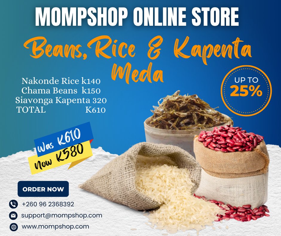 MompShop's tweet photo. New year combo.
Beans,rice and kapenta meda.
https://t.co/0vP4tmyOKV
Free delivery in some parts of Lusaka. https://t.co/wdtGQ85LHb