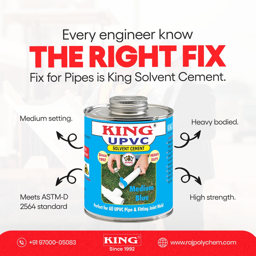 rajpolychem's tweet image. Every engineer faces pipe connection challenges that need reliable solutions. King Solvent Cement is the undisputed choice of engineers and contractors for its unparalleled performance in quickly forming permanent bonds with strength that withstands the test of time.

#pvccement