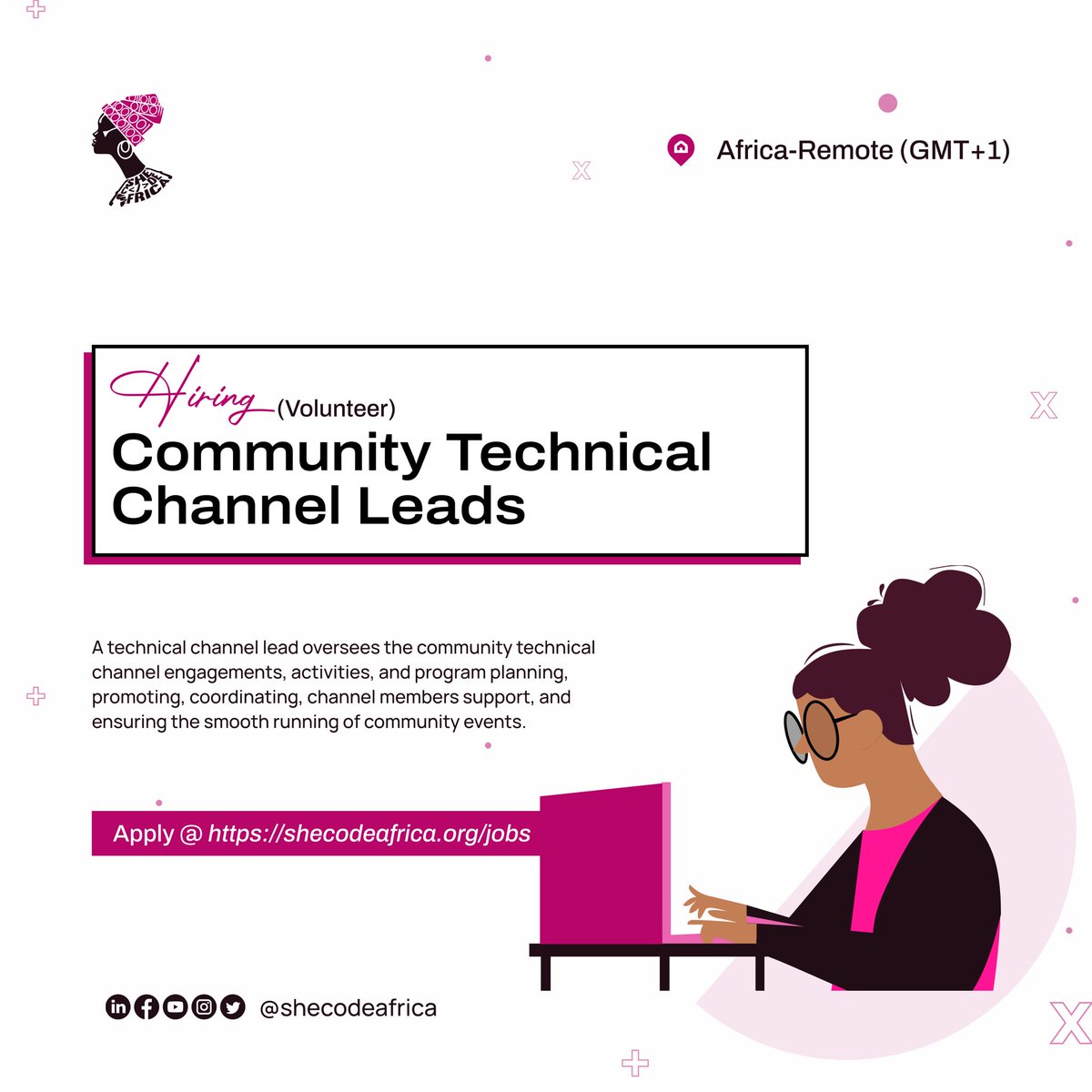 SheCodeAfrica's tweet photo. Hey Ladies! Come join the community team at She Code Africa as a volunteer! 🥳🥳🥳

We are looking for creative minds to work with our team on the following roles
- Community Engagement manager
- Community Content Creators 
- Community Technical Channel Leads. 

This is an opportunity to kick off the year by getting practical and hands-on experience and adding real value to yourself while contributing to empowering women in tech across Africa through She Code Africa.

Is this you?? Then come join us! Apply now at https://t.co/vqCklHvUtR

Application closes this weekend so hurry up and apply now! 😁😁

#SheCodeAfrica #CallForVolunteers
