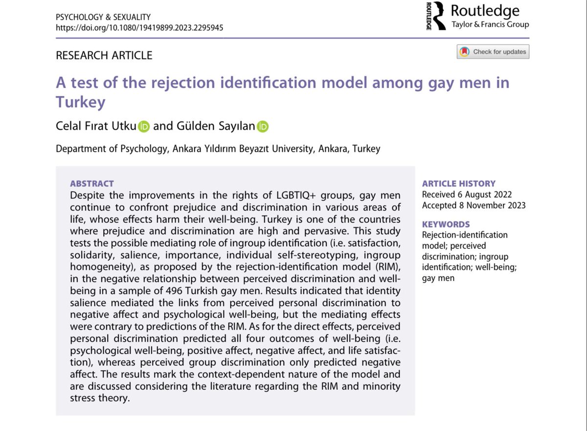 aybuspirelab's tweet photo. Lab araştırmacılarımızdan Celal Fırat Utku ve koordinatörümüz Gülden Sayılan'ın "A test of the rejection identification model among gay men in Turkey" başlıklı makaleleri yayınlandı. Kendilerini tebrik ediyor ve keyifli okumalar diliyoruz. 🍀 https://t.co/H1wTEbH9hX