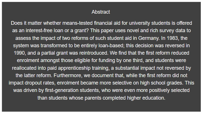 📅Tomorrow, 09.01.24, Frauke Peter from @DZHW_info will present on 'To grant or not to grant? Lessons in Social Mobility from German Student Finance' in the Potsdam Research Seminar in Economics.