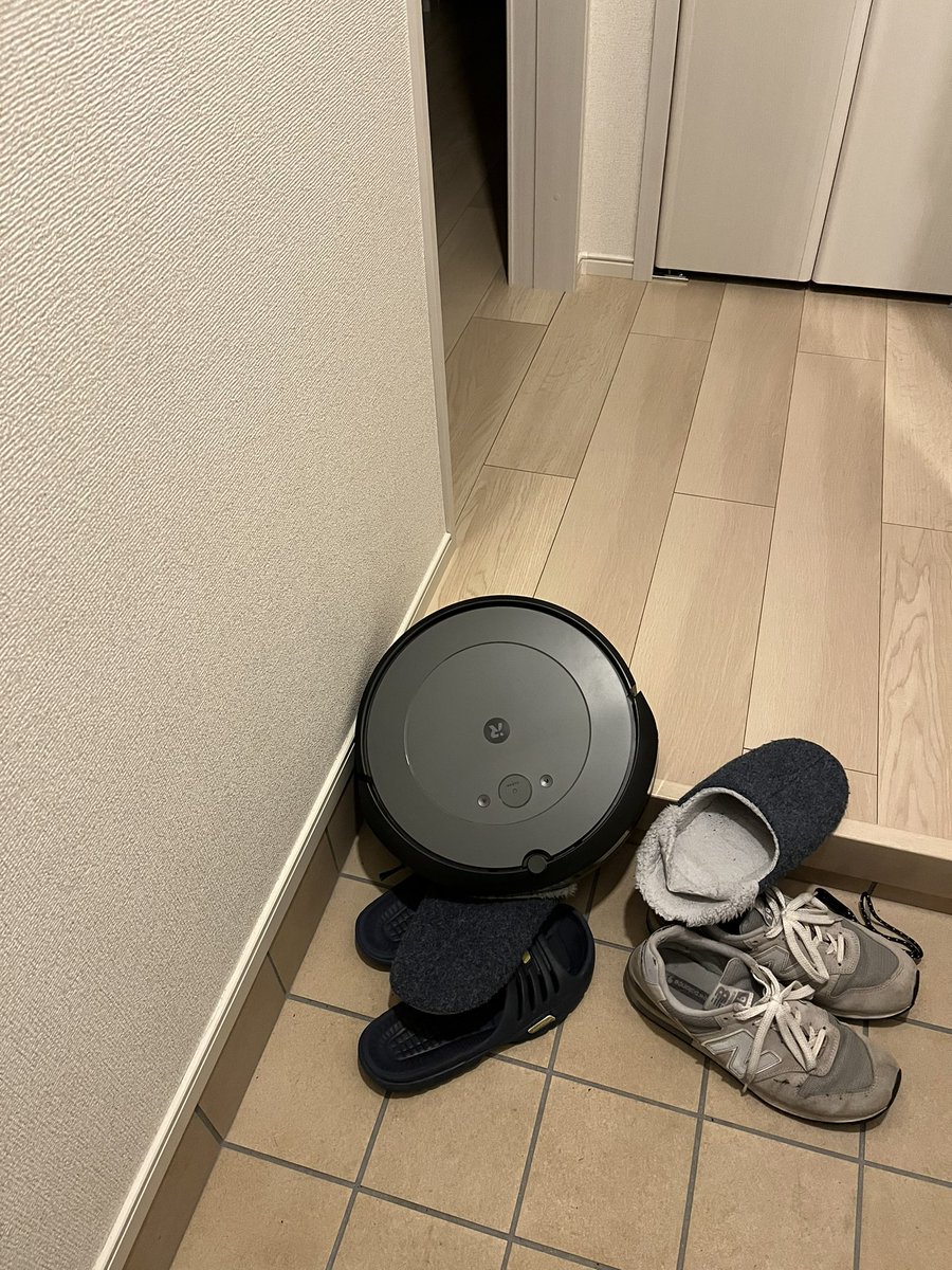 nanatadeko's tweet photo. ルンバが助けを求めている！と思って��ったらスリッパと共に落下してた https://t.co/MQOhUE1Kb6