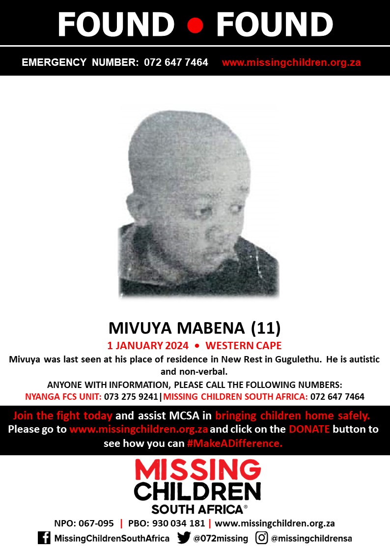 #MCSAFound Wonderful news! Mivuya Mabena has been found safe If you personally, or your company | or your place of work, would like to make a donation to #MCSA, please click here to donate: missingchildren.org.za/page/donate