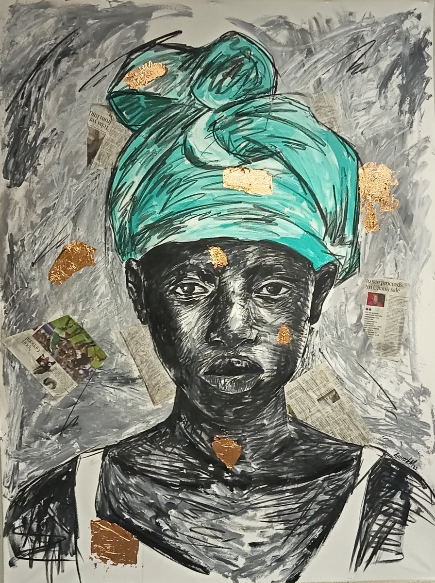 Kholwa (Believe).

Be strong now things will  get better. It might be stormy now but it can't rain forever.

1.6m x 1.2m
Acrylics, charcoal and gold leaf on canvass.