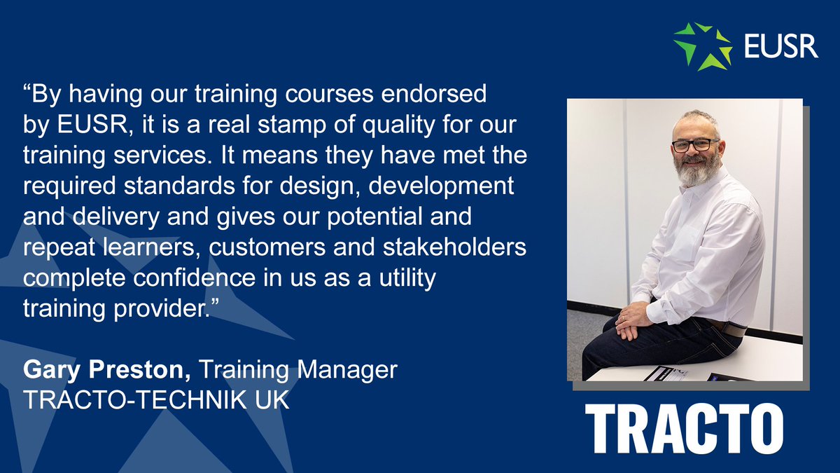 EUSkills's tweet photo. @TractoUk, one of the world’s leading manufacturers of trenchless technology equipment, are reaping the benefits of having their training courses endorsed by EUSR.

Gary Preston, Training Manager at TRACTO-TECHNIK UK says, "By having our courses endorsed by EUSR, it is a real stamp of quality for our training services. It means they have met the required standards for design, development and delivery and gives our potential and repeat learners, customers and stakeholders complete confidence in us as a utility training provider."

To find out how you can get your training programme endorsed, visit: https://t.co/GrlHDhiAND