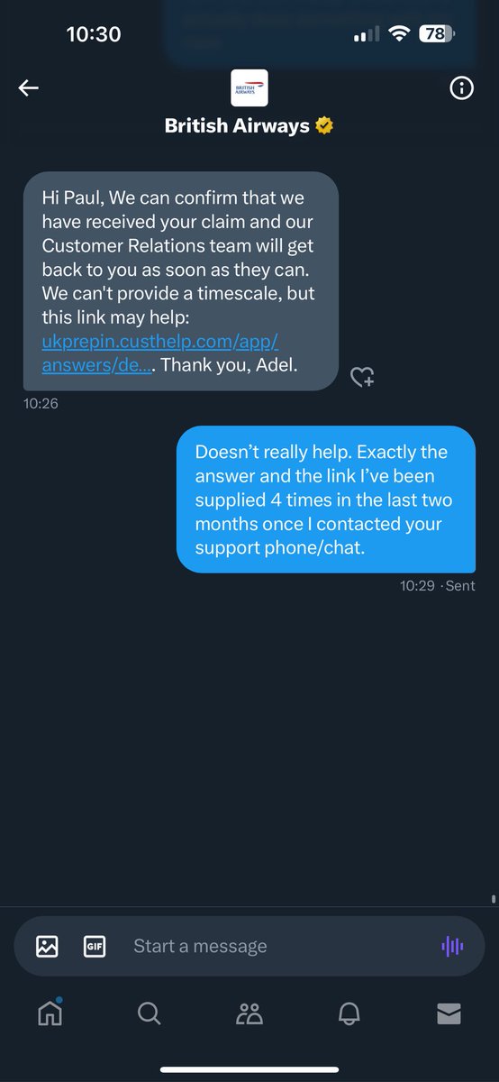 Uncleminty's tweet photo. @British_Airways @British_Airways @WhichUK no help. Exactly the same stock answer I’ve had for the last 4 contacts. Been 3.5 months / Quarter of 2023 and no resolution. Be better BA https://t.co/ynhvhpvedk