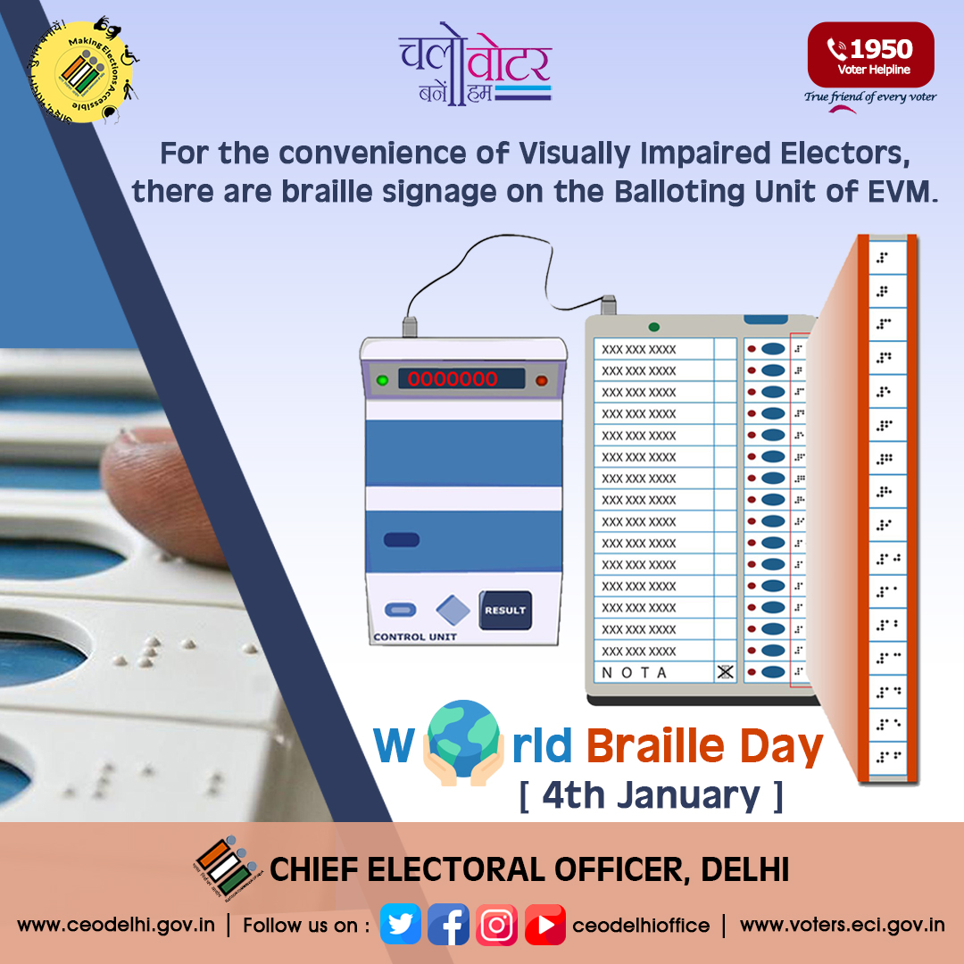 Enabling democracy for the visually impaired through #BrailleEnabledEVMs

This #WorldBrailleDay #ECI reasserts its commitment to #InclusiveandAccessibleElections.

#DeshKaForm
#NothingLikeVoting
#IVoteForSure
#SSR2024
@ECISVEEP