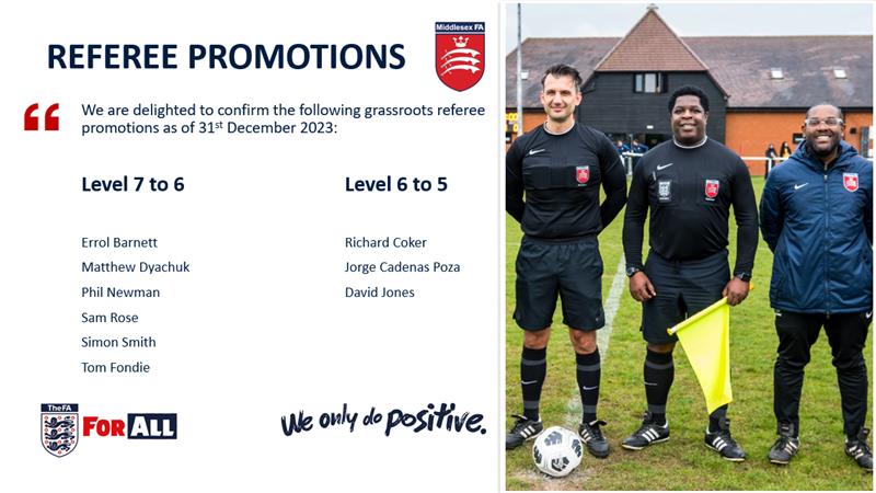 𝘾𝙊𝙉𝙂𝙍𝘼𝙏𝙐𝙇𝘼𝙏𝙄𝙊𝙉𝙎 to the following #MiddlesexReferees who have achieved mid-season promotions!

Keep up the great work 👏