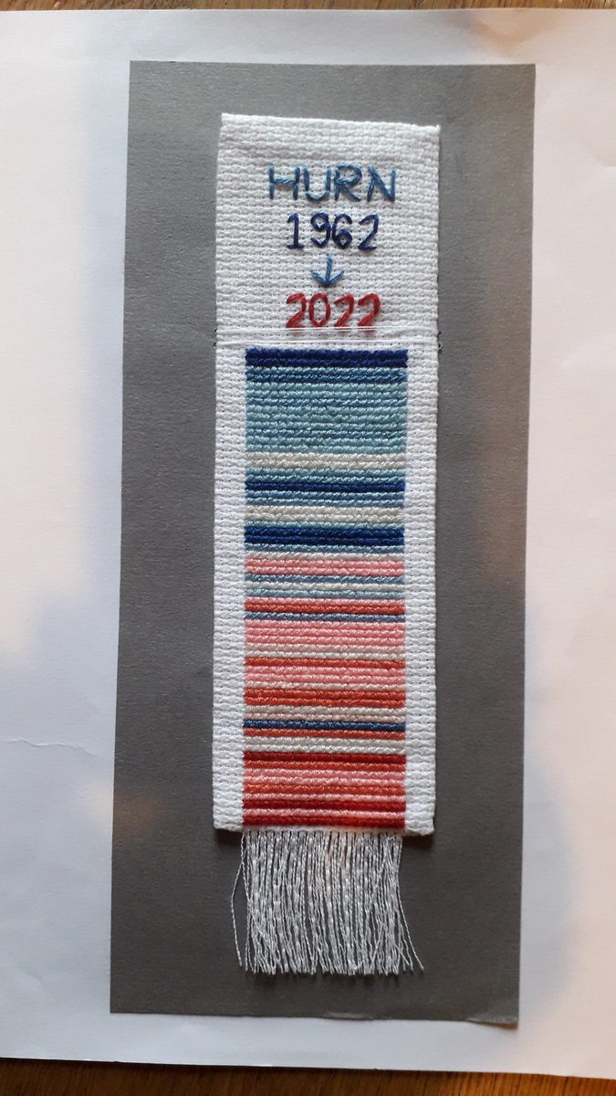 ClimateSamwell's tweet image. This beautiful hand-sewn bookmark tells a serious message - temperatures are increasing (in this case, in Dorset, UK). It was made as a reminder of the urgency of the climate crisis, by my mum! One of the "makers and shakers" of Wimborne. #ShowYourStripes