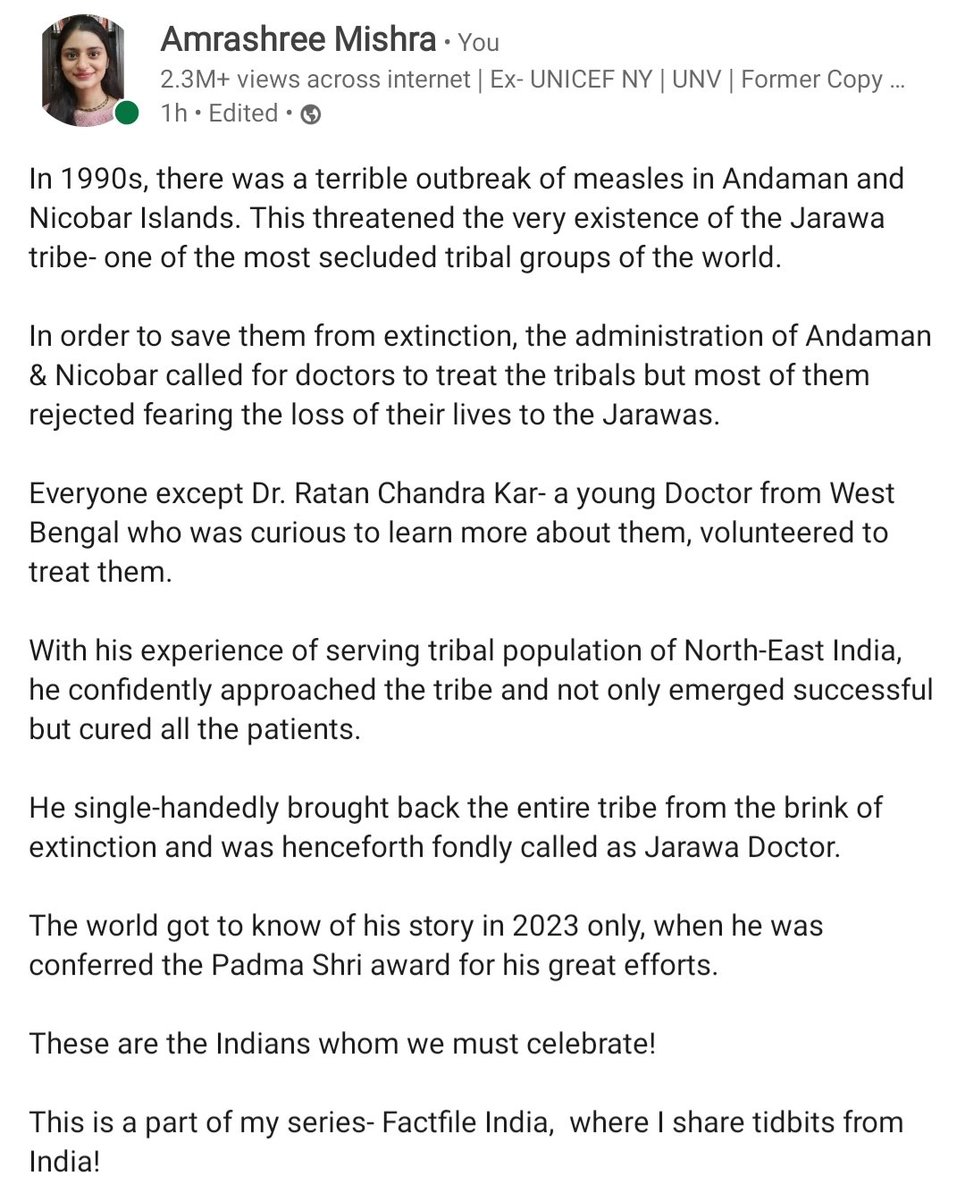 AmrashreeMishra's tweet photo. Read my piece on Dr. Ratan Chandra Kar- who brought back Jarawa tribe from extinction & was conferred with Padma Award in 2023 for his noble action!
This is a part of my series- #FactfileIndia where I share unique stories from India!
#PadmaShri #tribals #DoctorsTwitter https://t.co/s9h9nlhbwj