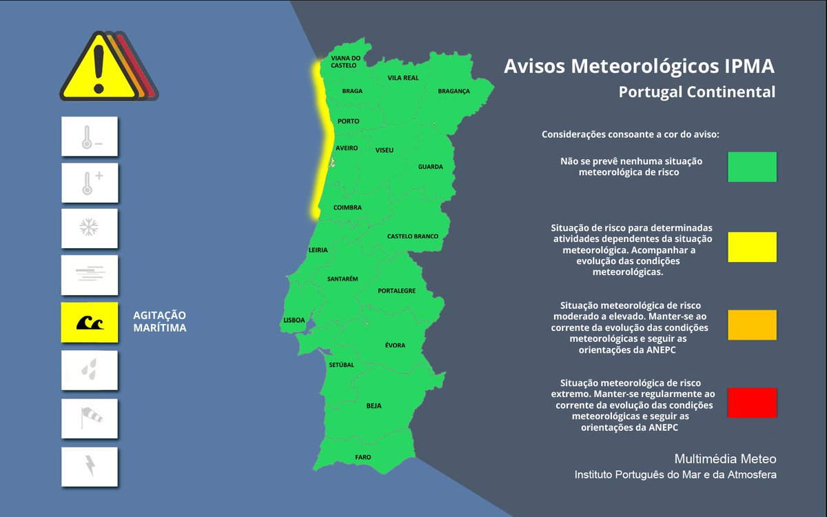 Multimédia Meteo.DivSI
Atenção aos Avisos Meteorológicos para o Continente:
Agitação Marítima - Amarelo [ 04 Jan 07:32 - 04 Jan 12:00 ]
Ondas de noroeste com 4 a 5 metros.
ipma.pt/pt/otempo/prev…