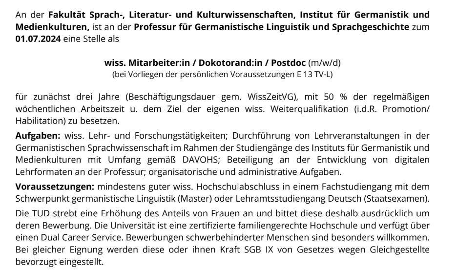 #Jobs An meiner Professur sind zum 01.07.2024 zwei Stellen zu besetzen: 1/2 LfbA (8SWS) unbefristet &amp; 1/2 Qualifikationsstelle. Diese kann mit einer anderen zusammengeführt werden, sodass eine volle Postdoc-Stelle entsteht. Bitte unbedingt weitergeben! gls-dresden.de/2024/01/04/ste…