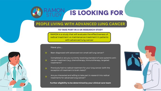 The <a href="/ramon_study/">RAMON Study</a> is looking for people with advanced #LungCancer to take part in a UK research study. 

RAMON will evaluate the effectiveness of radical vs maintenance treatments in patients with advanced lung cancer. Participating hospitals listed here ▶️ isrctn.com/ISRCTN11613852