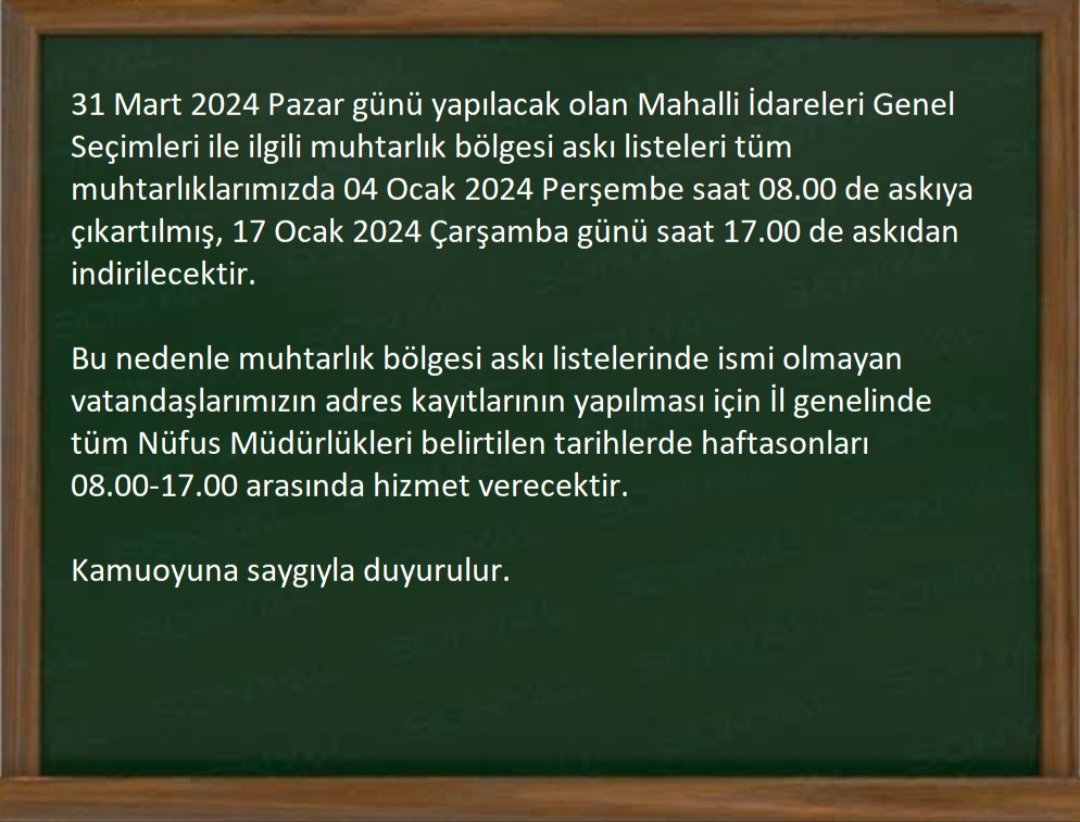 6-7 Ocak ile 13-14 Ocak tarihleri arasında   tüm Nüfus Müdürlükleri hizmet verecektir.
 ▪️Kamuoyuna saygıyla duyurulur.