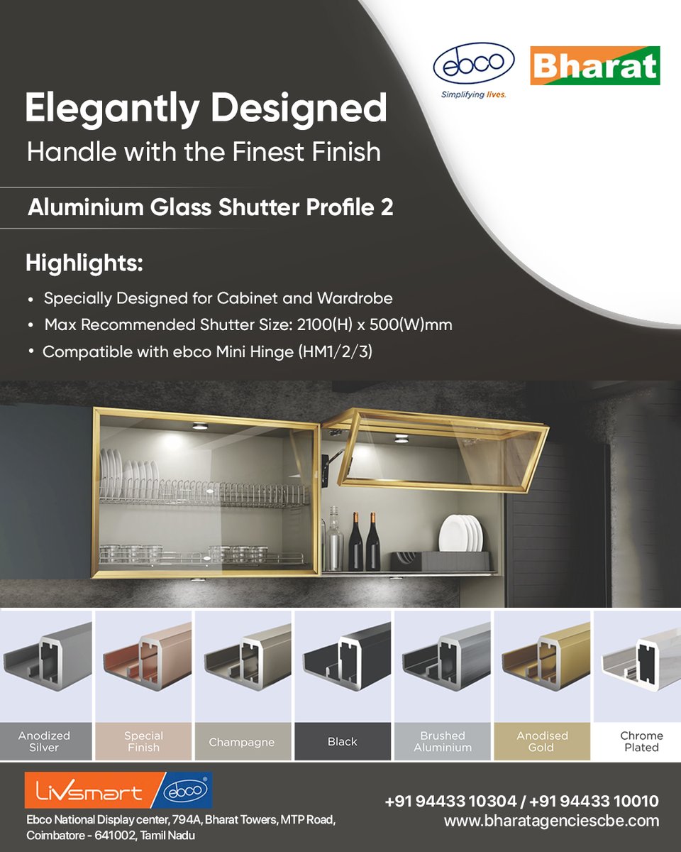 bharat_agency1's tweet photo. Ebco #AluminiumGlassShutter Profile 2 is precisely engineered to fit in the wardrobe perfectly. Fulfill your requirements at #BharatAgencies, the authorized distributor of #Ebco.
https://t.co/lCkZmylgnx / https://t.co/FxTJdLROt2 /9443310010
#Interiordesign #Livsmart https://t.co/jlbjIwfxsE