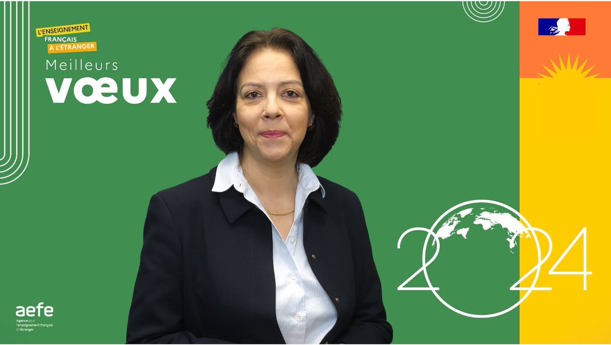 #MeilleursVoeux | À l’aube de 2024, Claudia Scherer-Effosse, directrice générale de l’AEFE, adresse de chaleureux voeux aux élèves, à leurs familles et aux personnels du réseau de l’enseignement français à l’étranger.  

👉 Découvrez son message: tinyurl.com/yp68wfhe