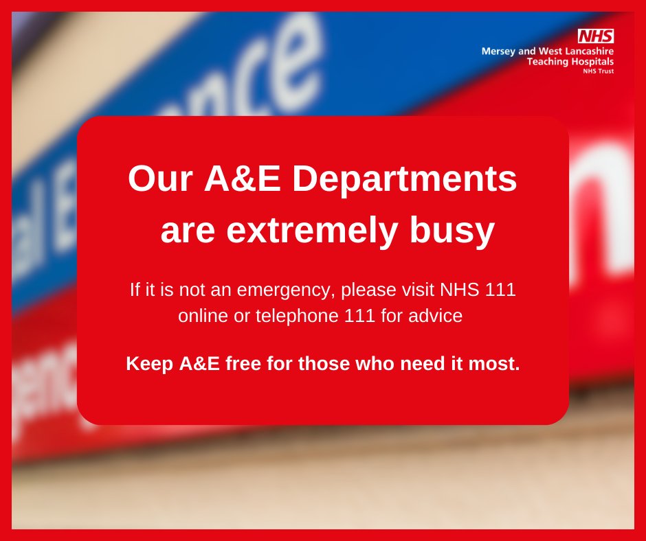 ⚠️INDUSTRIAL ACTION NOTICE
If you need medical help today you can contact your GP, visit an Urgent Treatment Centre or visit NHS111 online. Please only attend A&amp;E if it is an emergency.
To find alternative healthcare services visit:
merseywestlancs.nhs.uk/ia-information…