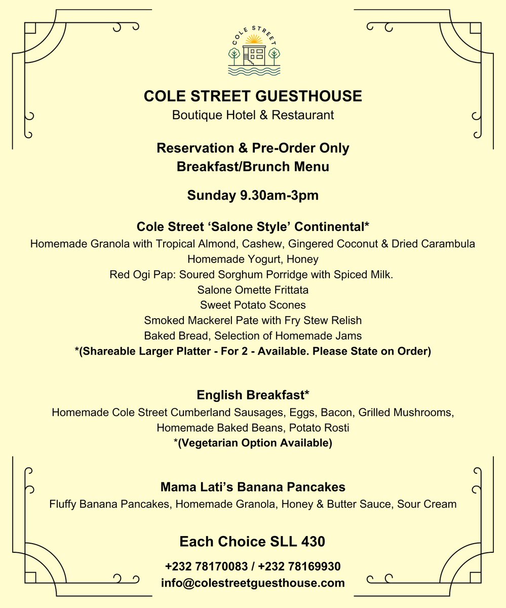 ColeStreetSL's tweet image. 🇸🇱Book your brunch this Sunday at Cole Street Guesthouse.
Fresh, homemade comfort food🇸🇱
WhatsApp+232 7816 9930 / +232 7817 0083

#SaloneX #SierraLeone #freetown
