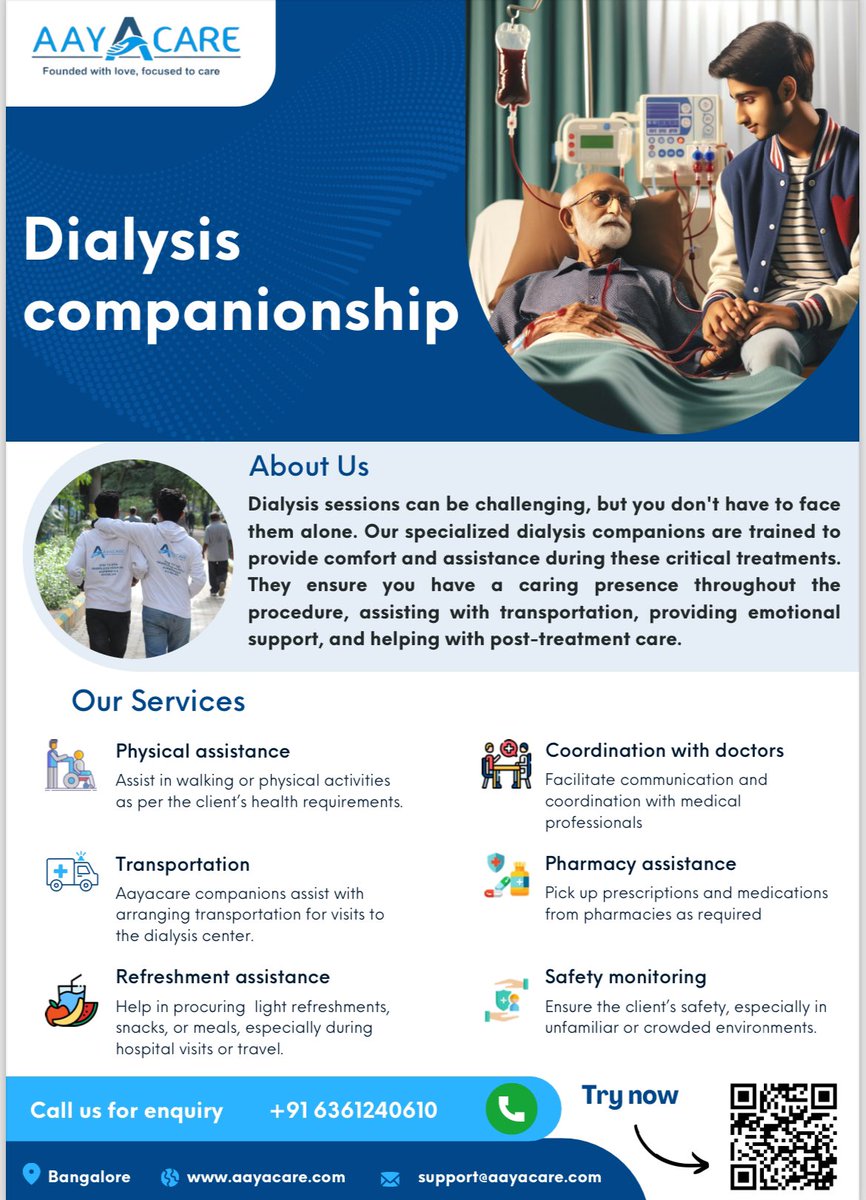 Balancing work & caring for loved ones on dialysis can be challenging. Aayacare is here to help! We provide compassionate companionship & assistance for your loved ones’ dialysis needs, giving you peace of mind. #Aayacare #DialysisSupport #WorkLifeBalance #HealthCompanionship