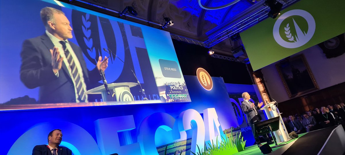 Shadow Sec @SteveReedMP focuses more broader rural issues. 6000 agro businesses closed down since 2017. Tories have blocked trade routes, caused food inflation. Time to embrace a decade of renewal Green energy Public sector procurement min 50% UK Flood taskforce Access #OFC24