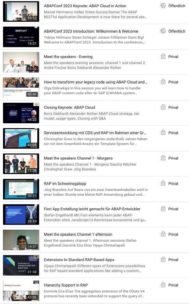 Welcome 2024. And yes, we were busy in the last few days. 
And are still busy: releasing the videos of ABAPConf 2023 channel 1 this week.

youtube.com/@abapconf