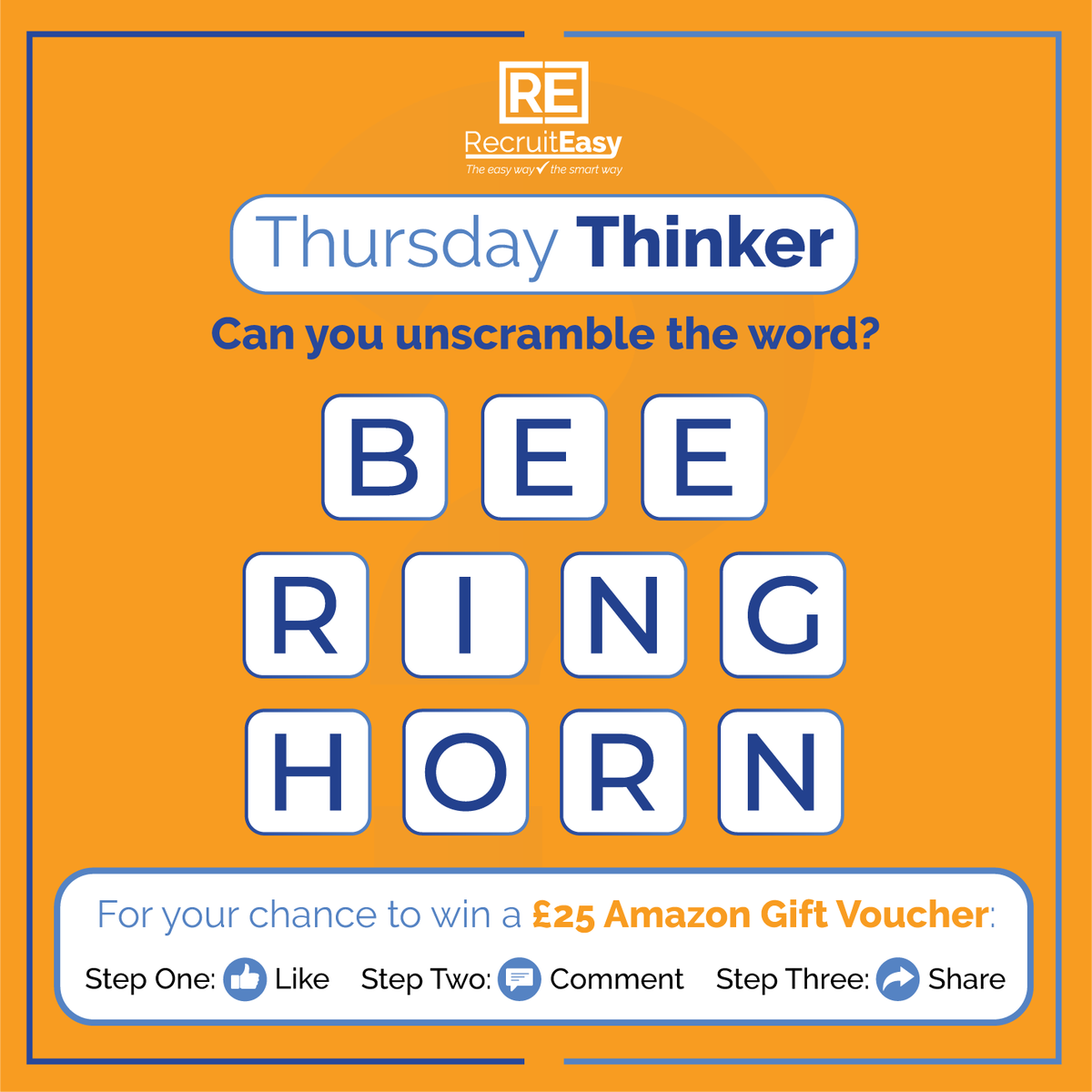 RecruitEasy's tweet photo. It's #thursdaythinker time again!

How do you fancy winning a £25 Amazon Voucher?
All you need to do is show us some love, leave your answer and tell a friend about the Thursday Thinker...easy!

All answers by Monday. Good luck!

#wordpuzzle #thursday #RecruitEasy https://t.co/rPwNCV7bRt