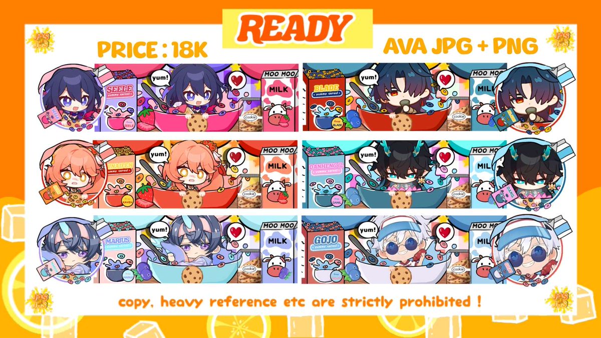 qalatus's tweet photo. ~ HELP RT &amp; LIKE PLEASE ~

HEYYO! JasJus ada ready stock baru lagi nih dengan tema cereal! Charanya ada dari gi hsr tot sama nyempil gojo 1 :D Yuk jajann 🫶 

💵 18k/ea  
🗂️ Header JPG + Ava PNG &amp; jpg

Bisa ditake sekarang! 🫶

Terimakaci ❤️

t:
 #zonauang #zonajajan #zonaba https://t.co/bdd1XH1ZNG