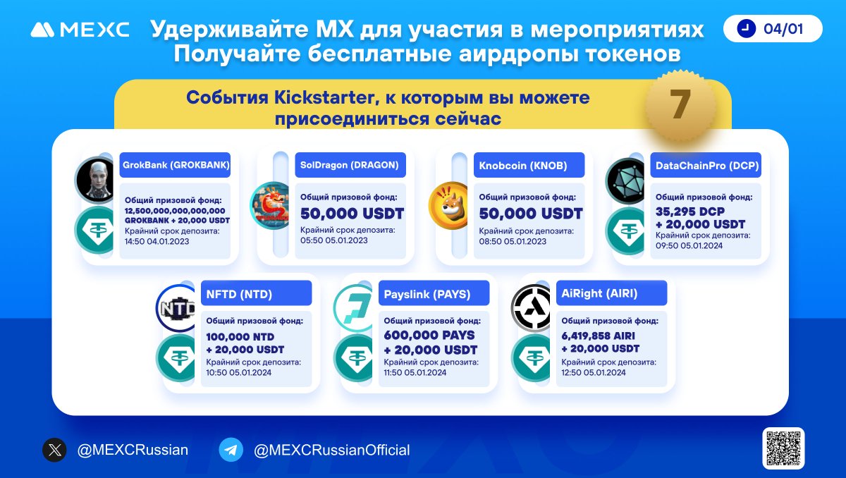 MEXCRussian's tweet photo. ⚡️Удерживайте $MX для участия в мероприятиях и получайте бесплатные аирдропы токенов!
☀️ 7 активных #Kickstarter
#GROKBANK $DRAGON $KNOB $DCP $NTD $PAYS $AIRI
▶️Принять участие в мероприятиях от #MEXC:
🔹https://t.co/CRwrBhixwn
🔹https://t.co/OPXdFZGBiT https://t.co/NR59neVSnX