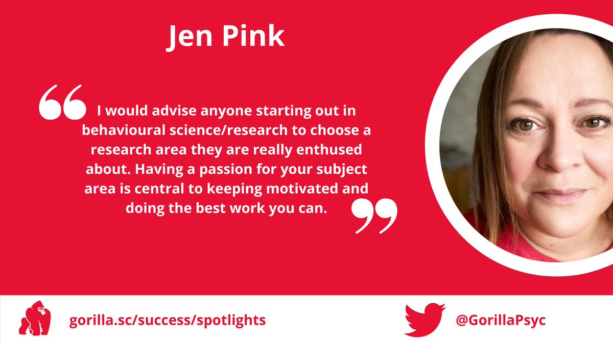 When asked what advice she'd give to someone starting out in behavioural science, Jen Pink (<a href="/psych_pink/">Jen Pink</a>) highlights the importance of choosing a topic you're passionate about. 

You can find out about her research here: gorilla.sc/spotlights/jen…
