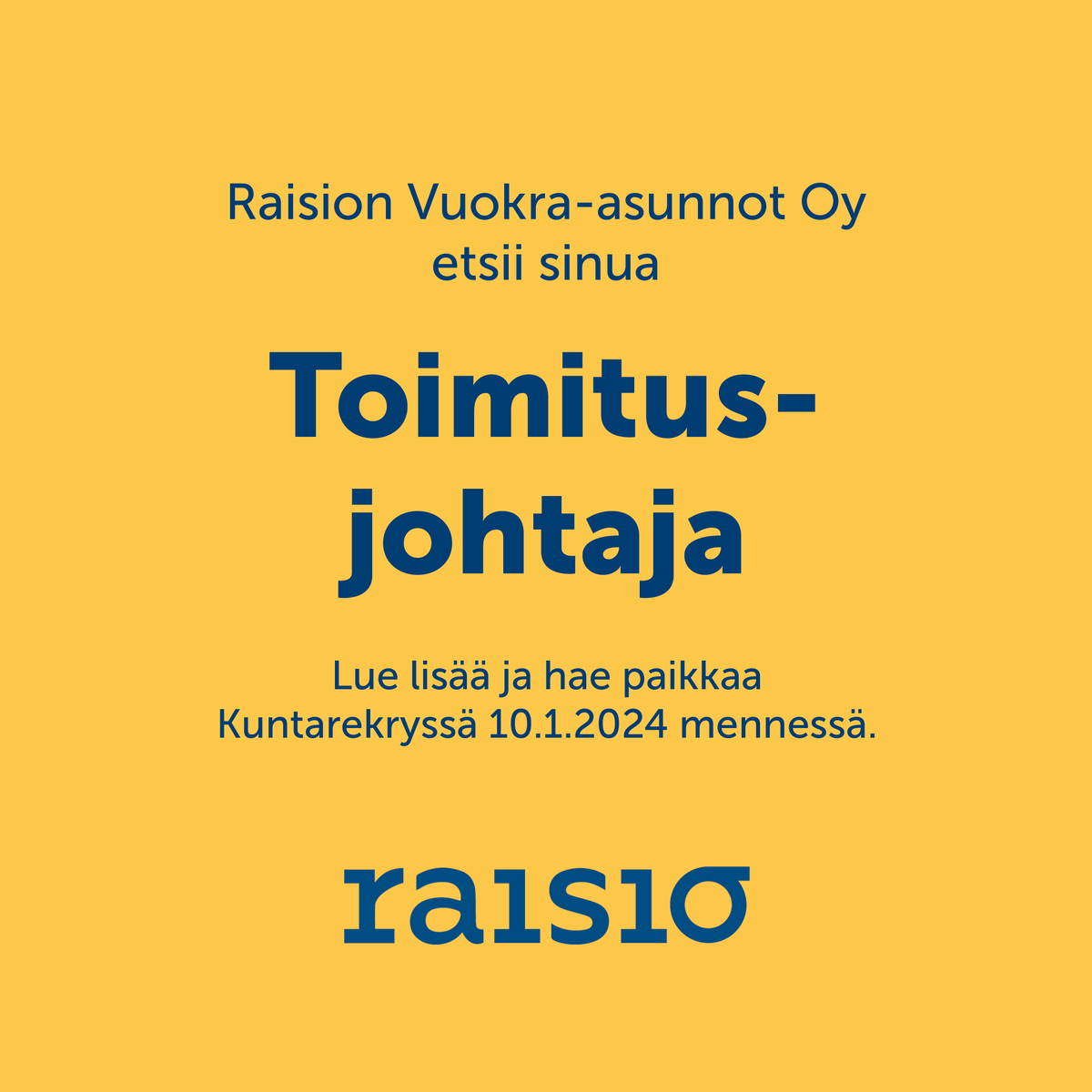 Raision Vuokra-asunnot Oy hakee uutta toimitusjohtajaa. 

👉 Lue lisää ja hae paikkaa Kuntarekryssä:
kuntarekry.fi/fi/tyopaikat/t…

#raisio #työpaikat #toimitusjohtaja #raisionvuokra-asunnot #kuntarekry