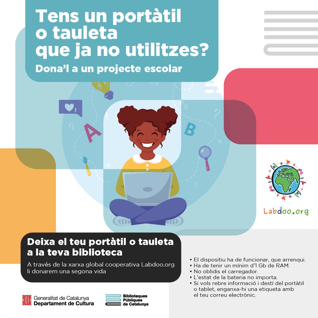 gencat's tweet image. 🖥 Si aquests dies aprofites per renovar el portàtil o la tauleta, les @bibliotequescat funcionen com a punts de recollida de dispositius en desús.

🌎 A través del projecte @labdoo_es es fan arribar a escoles d’arreu del món. gen.cat/44ilMmH