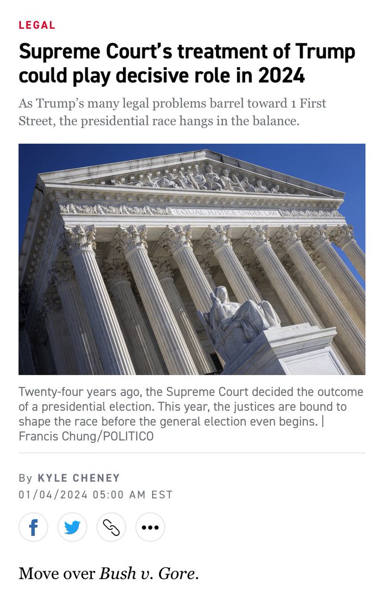 NEW: Not since 2000 has the Supreme Court played as direct a role in the outcome of a presidential election as it will in 2024. And this year could dwarf the court’s impact back then. A look at the 6 Trump-related cases the justices are likely to face. politico.com/news/2024/01/0…