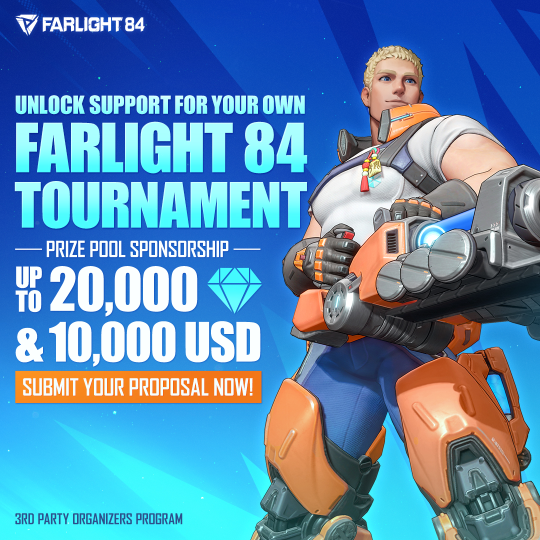 Farlight84's tweet photo. 🎉 Big news! The 2024 𝟑𝐫𝐝 𝐏𝐚𝐫𝐭𝐲 𝐓𝐨𝐮𝐫𝐧𝐚𝐦𝐞𝐧𝐭 is here, now with an awesome prize pool support boost – up to 20,000 diamonds! 
💪 Planning a FARLIGHT 84 tournament? Need prize support? Get your proposal ready and submit it through the website link in the pic or comment section. 
Share the word with your gaming crew! 
#Esports #FARLIGHT84 #3rdPartyTournament
