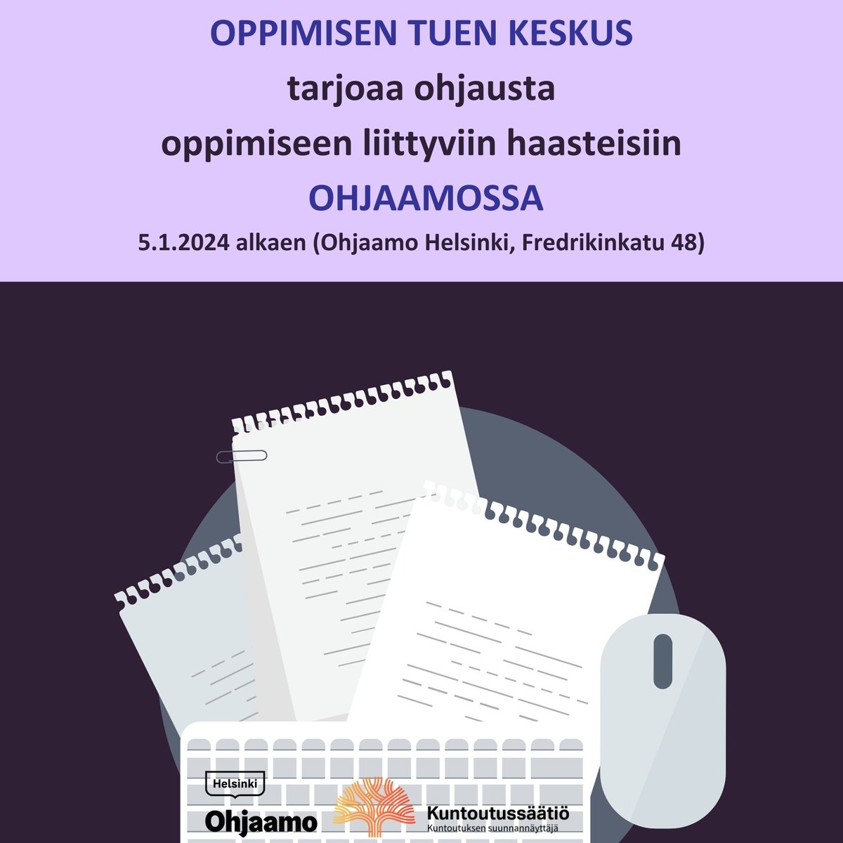 Kuntoutussäätiön Oppimisen tuen keskus tarjoaa ohjausta #oppiminen haasteisiin Helsingin Ohjaamossa joka kuun ensimmäinen perjantai klo 12-16 (ilman ajanvarausta). 

Kysy lisää Ohjaamosta (HKI) tai sähköpostitse: oppimisentuki@kuntoutussaatio.fi #OppimisenTuki #Oppimisvaikeus
