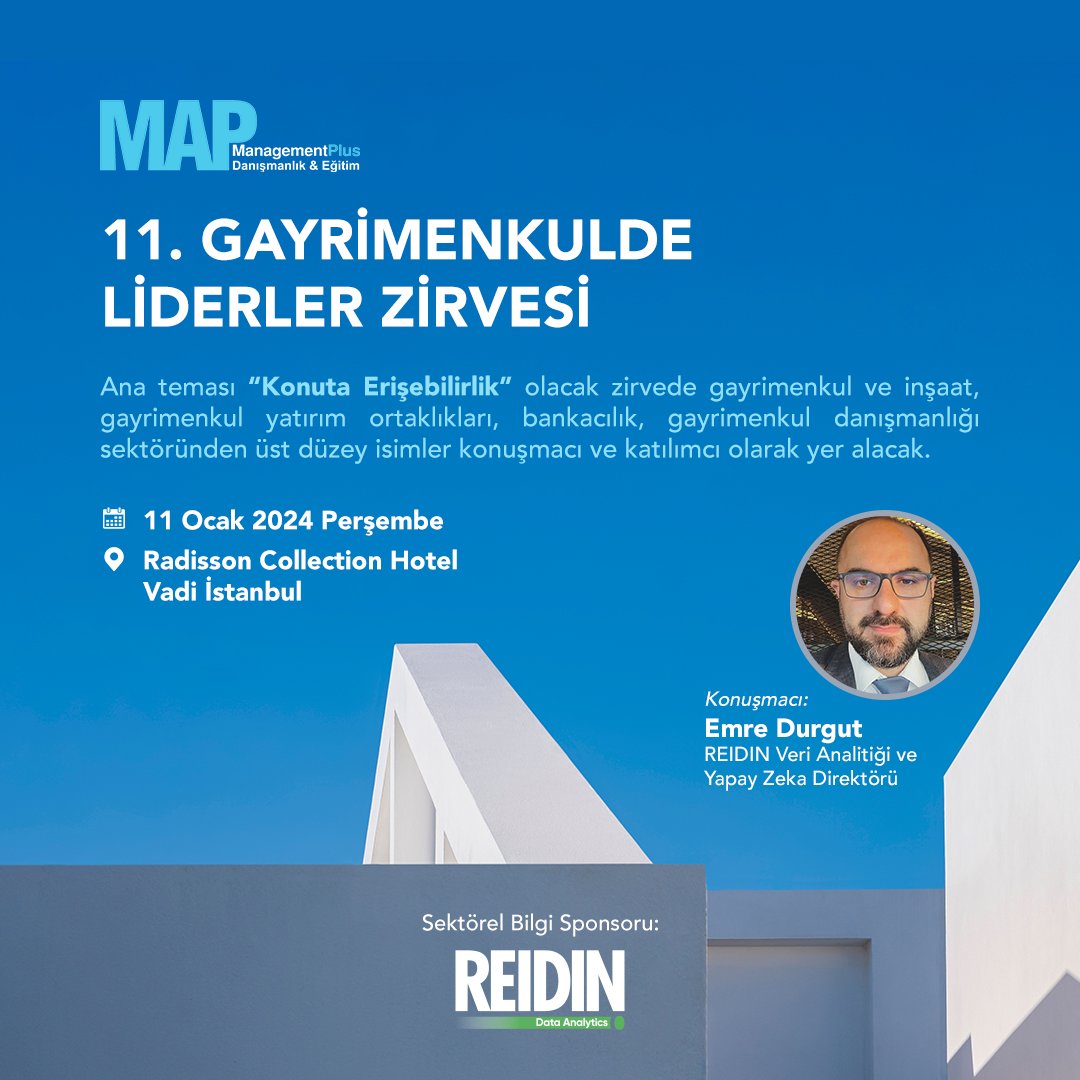 11 Ocak 2024 tarihinde Radisson Collection Hotel Vadi İstanbul'da gerçekleşecek olan 11. Gayrimenkulde Liderler Zirvesi'ne REIDIN sektörel bilgi sponsoru olarak katılacak.