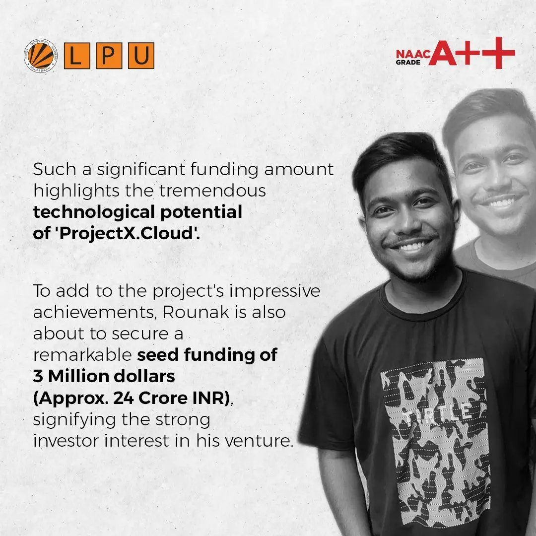 lpuuniversity's tweet image. Not only this, he is also about to secure a remarkable seed funding of 3 million dollars (approx. ₹ 24 Crore), signifying the strong investor interest in his venture.

We salute our Verto&apos;s spirit of innovation and entrepreneurship fostered at LPU!

#LPUForYou #EngineeringAtLPU