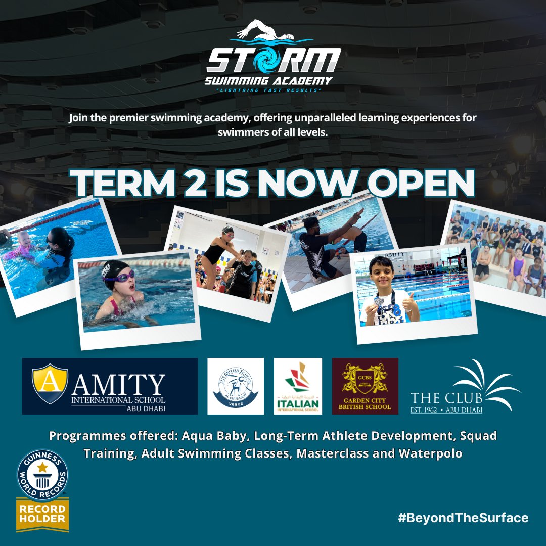stormacademyUAE's tweet photo. Dive into Term 2 at Storm Swimming Academy! 🏊‍♂️ Choose from 5 top-notch venues for an epic swim journey. Programs for all - from Aqua Baby to Waterpolo. Perfect your strokes and aim for greatness with us! 🌟 #BeASTORMER #BeyondTheSurface #AbuDhabi #inabudhabi https://t.co/L9gGW9Zn7b