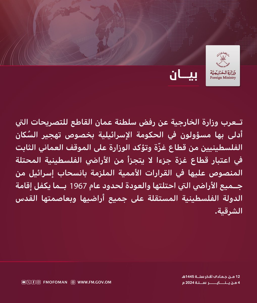 FMofOman's tweet photo. #بيان || تعرب وزارة الخارجية عن رفض سلطنة عُمان القاطع للتصريحات التي أدلى بها مسؤولون في الحكومة الإسرائيلية بخصوص تهجير السُكان الفلسطينيين من قطاع #غزّة وتؤكد الوزارة على الموقف العماني الثابت https://t.co/I5ukN6Iwvu