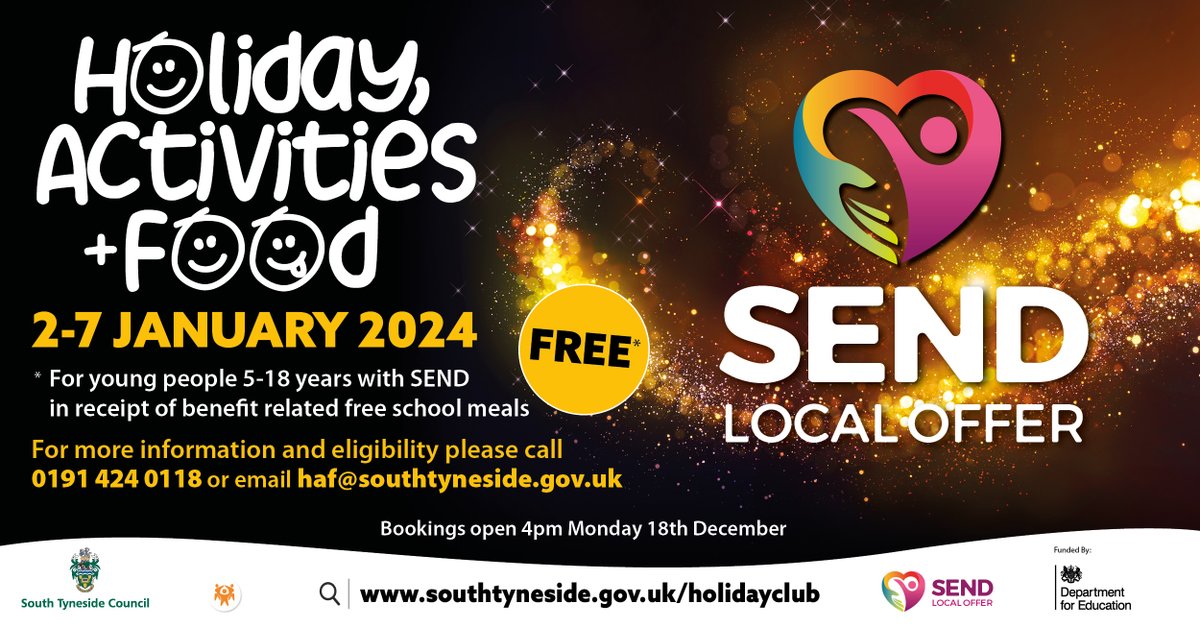 There’s only a few days left to join our Winter Holiday Activities and Food programme! To be eligible to attend children and young people must: • be eligible for benefit related free school meals • aged 5 to 16 or up to 18 with SEND • live or go to school in South Tyneside