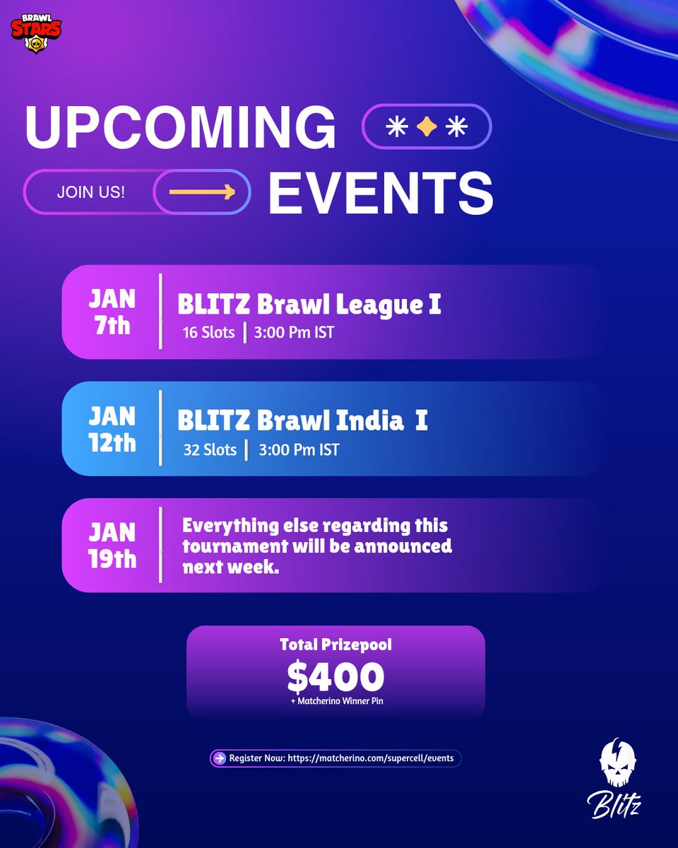 Kicking off the new year with three exciting tournaments this month.

• BLITZ Brawl League I - Jan 9
matcherino.com/t/BLITZBrawlLe…
• BLITZ India Only I - Jan 12
matcherino.com/t/BLITZBrawlIn…

Another tournament will be on Jan 19! Stay tuned for details! 🚀#BrawlStars